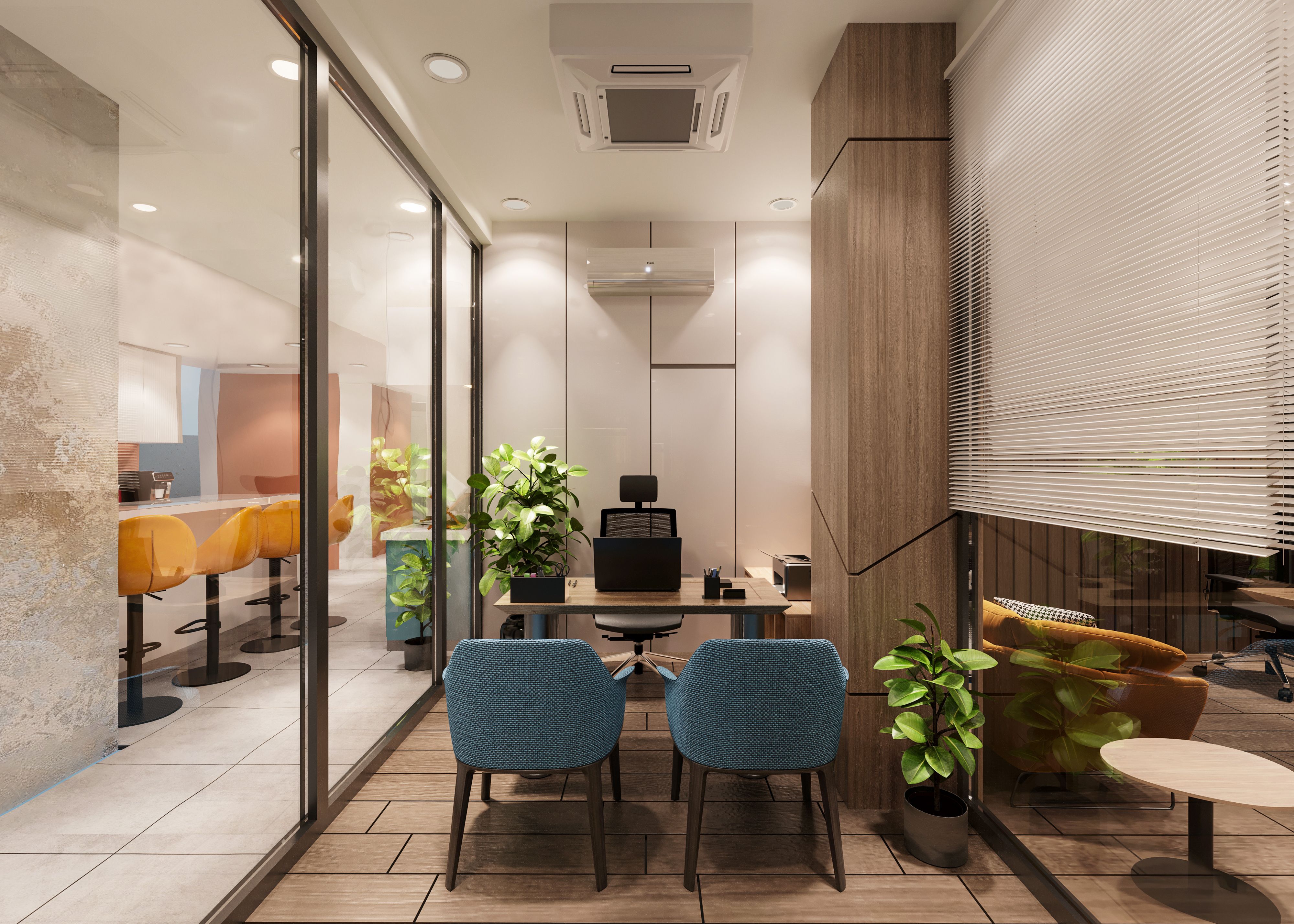 Modern office meeting space with glass walls, warm wood, plants, and blue chairs